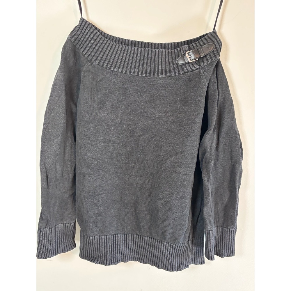 American Living Womens Black Off Shoulder Buckle Accent Cotton Knit Sweater L